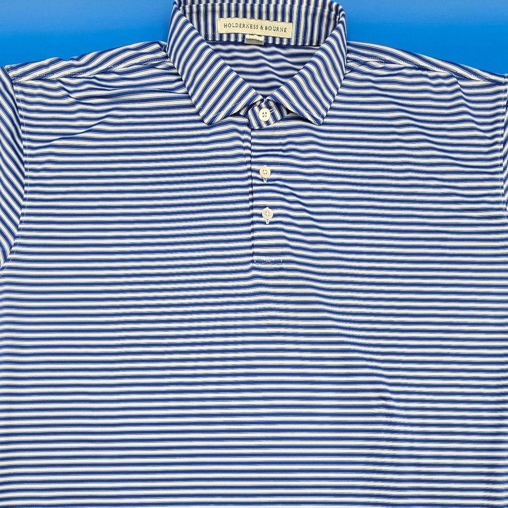 Holderness & Bourne Men XL Victoria National Golf Polo Blue White Stripe Barnes